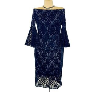 Shoshanna Midnight Lace Dress Off Shoulder Bell Sleeve Party Cocktail Black Med.